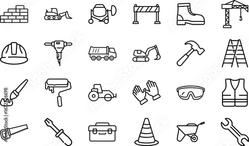 Collection of construction tools and safety equipment icons brick wall