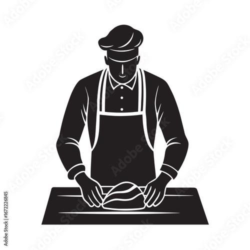 Baker Kneading Bread Dough On Table Silhouette Design
