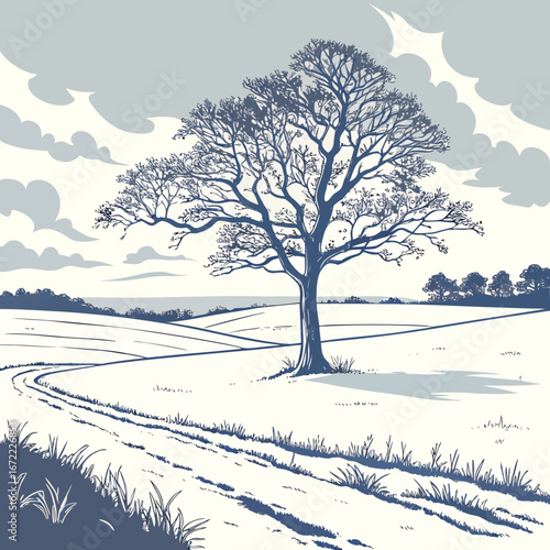 Vector art of a tranquil winter landscape illustration with a solitary tree standing in a snowcovered field, under a cloudy sky, capturing the serene beauty of nature