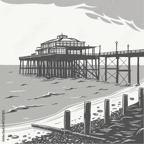 Vector art of a vintage pier stretching into the sea, capturing the essence of coastal architecture and seaside charm, a timeless landmark for travel and tourism