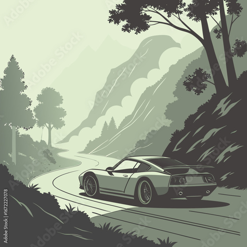 Vector art of a vintage sports car driving on a winding mountain road, capturing the thrill of adventure and the beauty of nature in a classic automotive illustration
