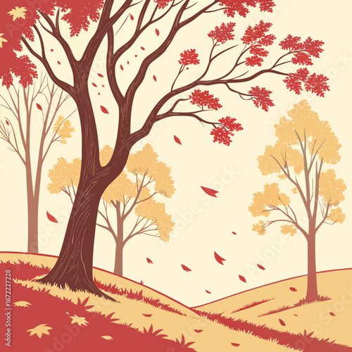 Vector art of autumn landscape with colorful trees and falling leaves, capturing the beauty and tranquility of the fall season in a retro style