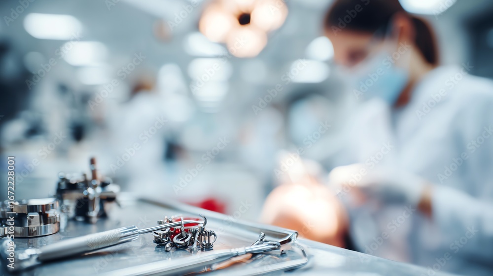 custom made wallpaper toronto digitalA shallow depth of field focuses on sterile dental instruments arranged on a metal tray, with a blurred medical professional working in the background, evoking a sense of precision and care.