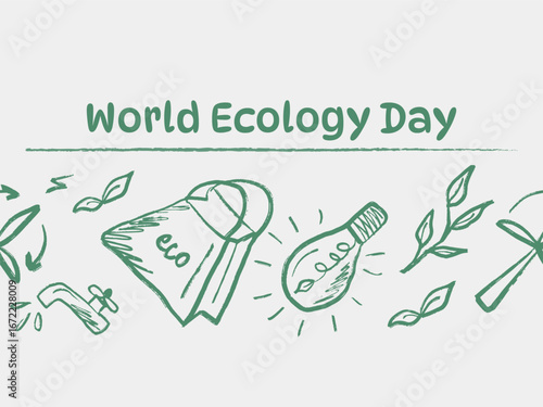 World ecology day seamless frame design with lamp, eco bag, plant branch in brush stroke texture isolated on white. Hand drawn vector sketch illustration in vintage charcoal ink.