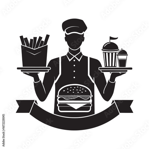 Fast Food Server Holding Meal Tray Silhouette Illustration