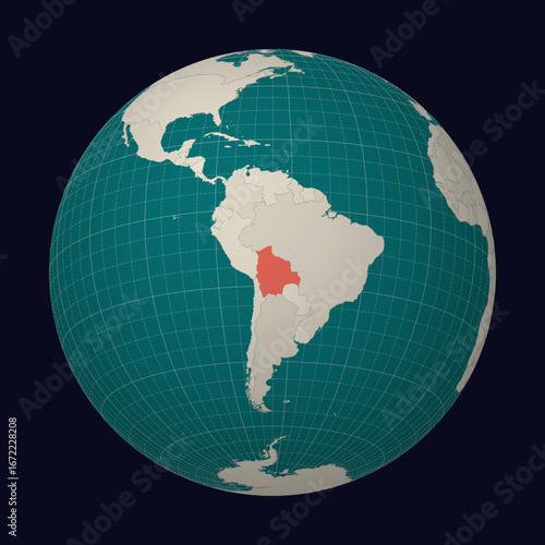Bolivia on the map. Globe centered to Bolivia. Country location on the world map. Teal Pale Mint color palette. Globe with countries, meridians and parallels. Neat vector illustration.