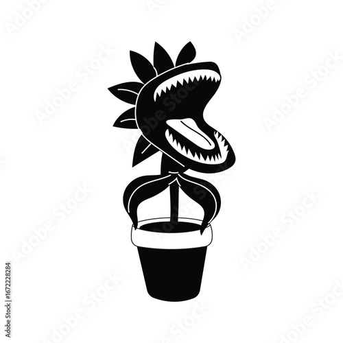 Carnivorous Plant Monster Sharp Teeth Piranha Plant Pot Outline Halloween Illustration