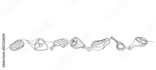 Meat product continuous line drawing set. One line art of veal, pork, beef, raw, chopped meat, chicken. Hand drawn one line vector. Editable stroke	

