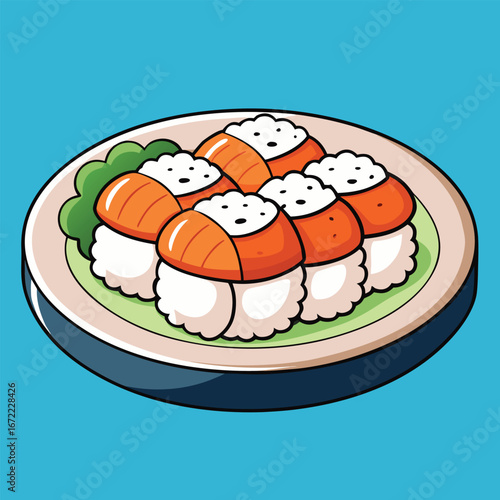Five Salmon Nigiri Sushi Pieces on a Plate with Green Garnish rice food