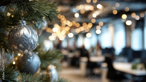 Wallpaper Mural close up of decorated christmas tree in office with business people working in background xmas celebration in corporate office detail of christmas balls and lights with working office no logos no bra Torontodigital.ca