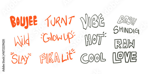 pop doddle word design,gen z pop art,hand drawn doddle design,t-shirt,card background design set,vibe,raw,lit,treading word collection set.