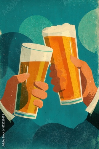 Poster two hands holding beer and vigorously clinking glasses