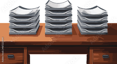 Three Stacks of Paper Documents on a Wooden Desk with Drawers files paperwork