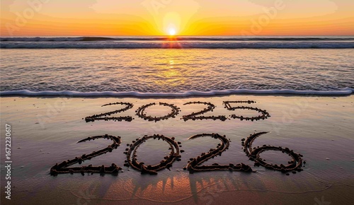 Beach welcome concept picture for Happy New Year 2026 with sandy shore ocean waves and tropical sunset celebration vacation holiday