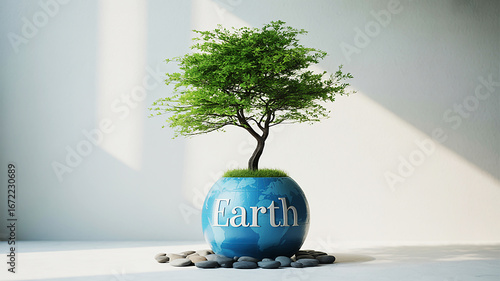 Concept of Earth Day A serene image of a tree flourishing on top of a globe, signifying environmental harmony
