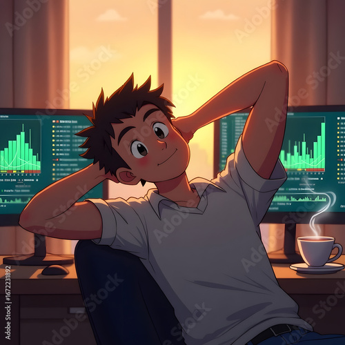 Anime character relaxing at computer with stock charts