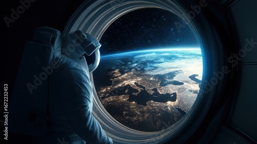 Fototapeta Naklejka Na Ścianę i Meble -  Male astronaut looking at earth from spaceship window. Man observing planet from orbit. Science fiction concept.