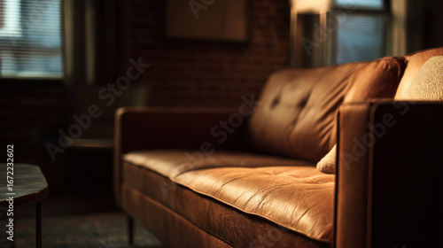 A dimly lit living room featuring a brown leather sofa and a glimpse of a window with blinds
