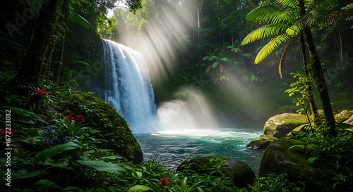 Sunbeams illuminate a vibrant waterfall cascading into a turquoise pool surrounded by lush tropical foliage and colorful flowers
