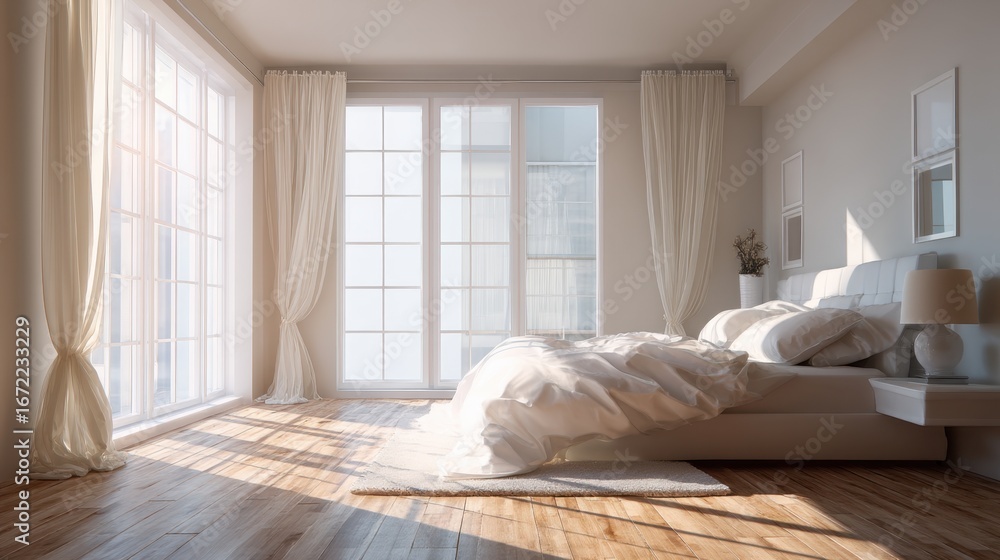 Fototapeta premium Sunlit bedroom with large windows and white bedding, bright interior design for comfort and relaxation, home decor concept.