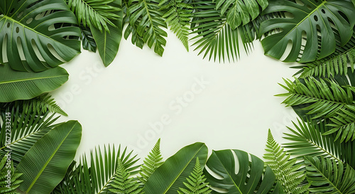 Creative flat lay composition of diverse fresh tropical leaves creating a vibrant green frame on a pale background, with empty space for text