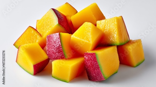 Freshly cut mango cubes arranged in a vibrant pile, showcasing their bright yellow flesh and red-green skin, perfect for healthy snacks, desserts, or tropical recipes with a refreshing appeal