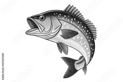 Detailed Perch Fish Line Art with Tail and Fins