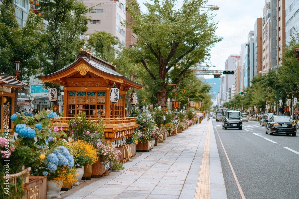 Fototapeta premium Serene Street View with Colorful Flower Displays and Traditional Pavilion in Lively Urban Environment