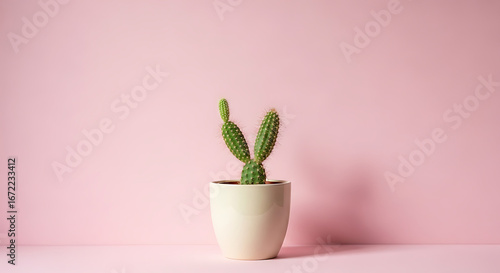 A single small green cactus succulent in a minimalist white pot against a solid pastel pink background with copy space