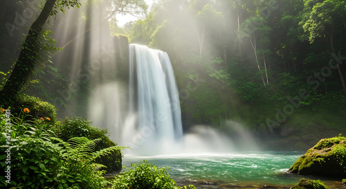 Sunbeams illuminate a majestic waterfall cascading into a turquoise pool in a serene, lush tropical jungle