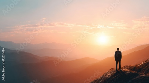 Businessman standing on mountain peak at sunset looking at horizon. Leadership vision concept, future success, and inspiration poster.