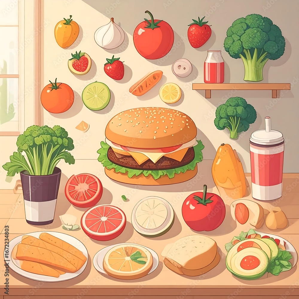 Fototapeta premium A colorful kitchen scene featuring a variety of healthy and unhealthy food items, arranged on a light-brown wooden surface, with fresh produce displayed on a wall-mounted shelf.