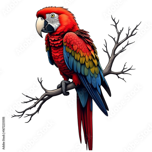 Colorful Macaw Perched: A vibrant macaw, with a cascade of red, yellow, and blue feathers, perches gracefully on a bare branch, exuding an aura of tropical beauty.