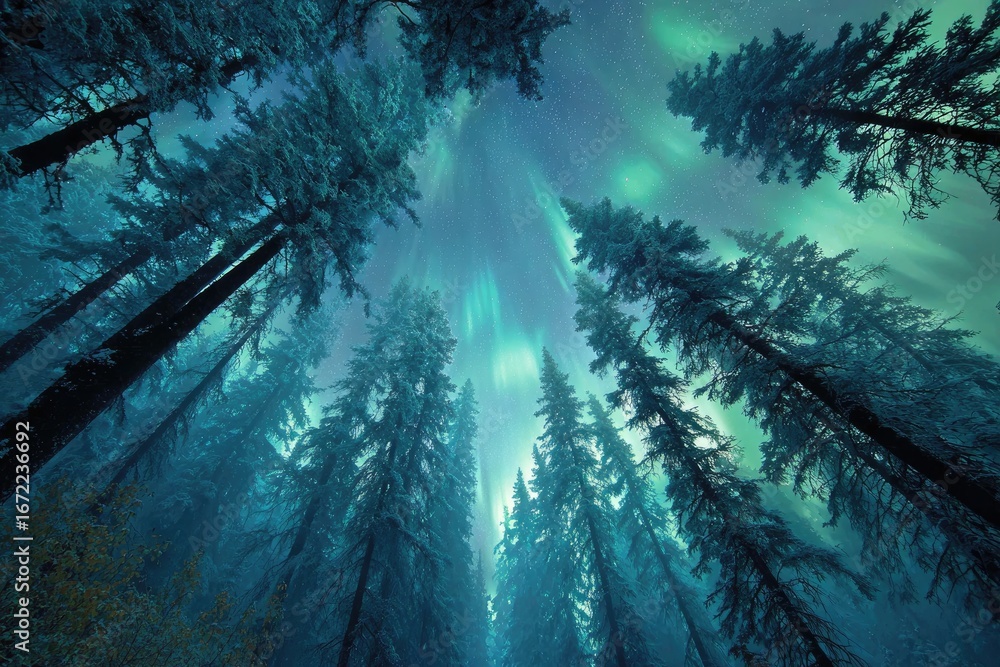 Obraz premium Mystical forest, aurora borealis