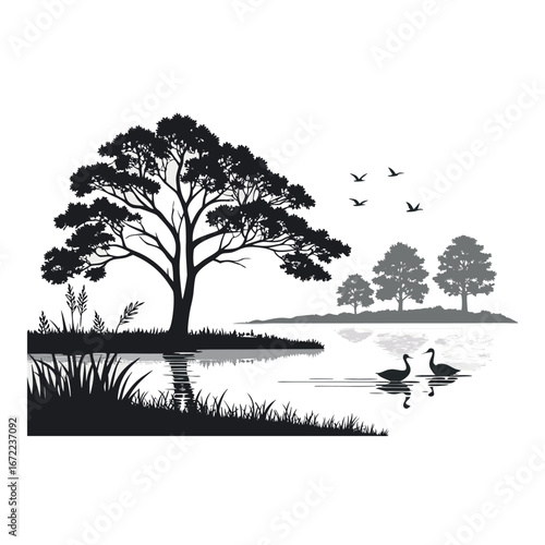 Silhouette of Lake Landscape with Trees and Reflection | Nature & Scenery Vector EPS | Calm Water, Forest, Outdoor Design Element