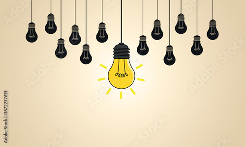 Single Shining Light Bulb Surrounded by Dark Ones Depicting Creativity and Uniqueness