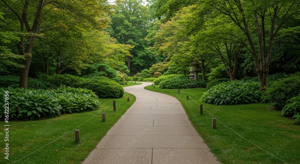 Fototapeta premium Serene winding path through lush green forest garden
