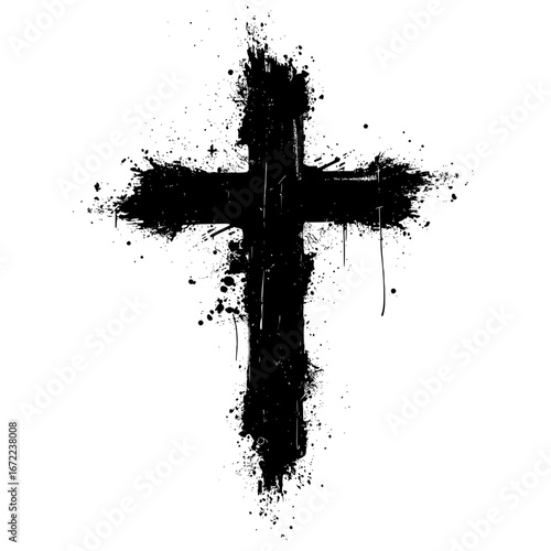 A striking depiction of a cross, boldly presented with an ink splash effect, symbolizing faith and spiritual depth.
