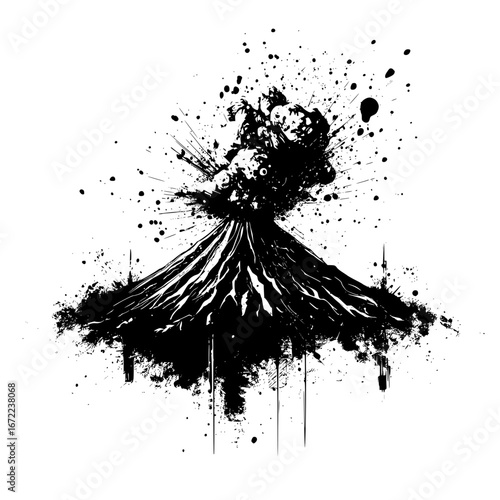 A dramatic abstract ink splatter depicts a volcanic eruption with a bold artistic statement, black ink contrasting the backdrop to create a compelling visual of raw natural power.
