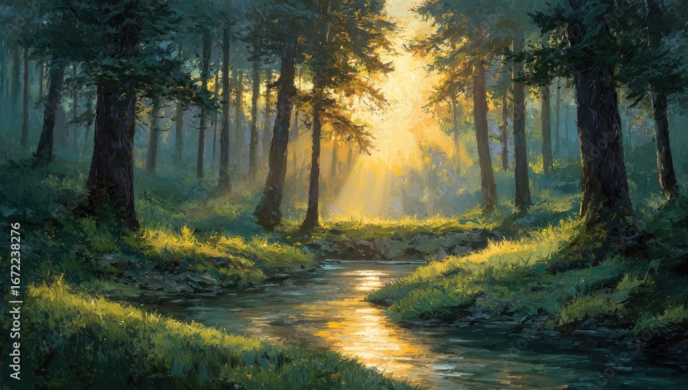 Obraz premium Sunlight streams through a misty forest, illuminating a tranquil creek