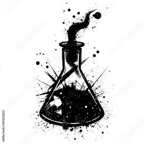 A surreal, artistic rendering of a laboratory flask erupting with dark, swirling liquid, splattering ink.