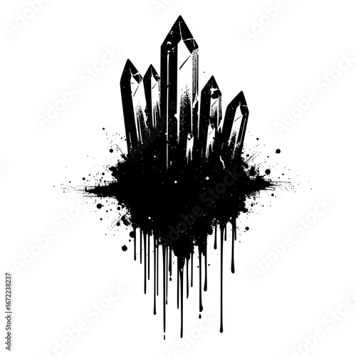 An artistic illustration of a cluster of dark crystals with ink splatter background, showcasing the natural geometry and aesthetic beauty of crystalline formations.