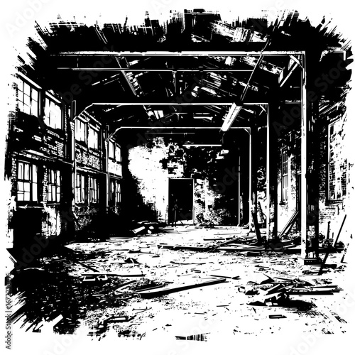 A haunting, artistic, monochrome image of an abandoned industrial interior evokes a sense of decay and history, capturing the essence of urban exploration.