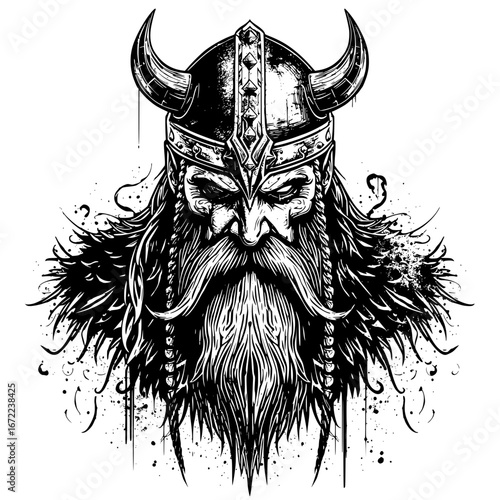 A meticulously rendered illustration presents a fearsome Norse warrior in profile, clad in a horned helmet, with a stern expression and an elaborate beard.
