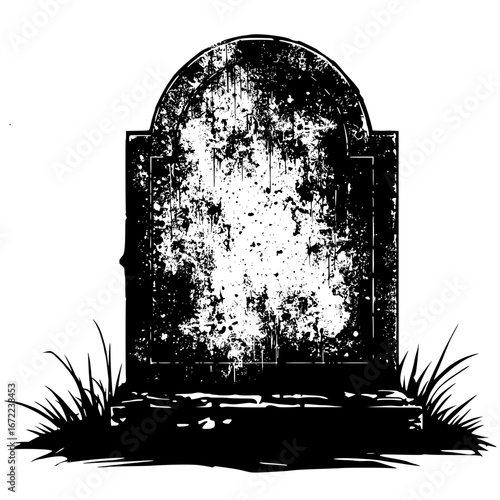 An aged stone tombstone etched with time-worn details stands against a stark backdrop, creating a sense of eerie stillness.