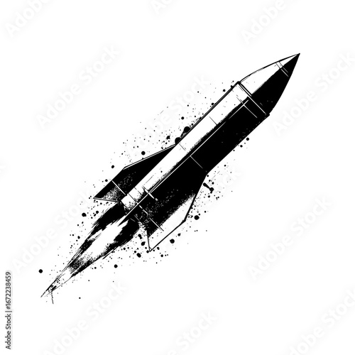 A powerful monochrome rocket takes flight, leaving behind a trail of smoky exhaust. An illustrative shot against a bright backdrop.