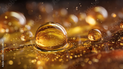 A close up view of golden liquid droplets with a blurred background and reflective surfaces