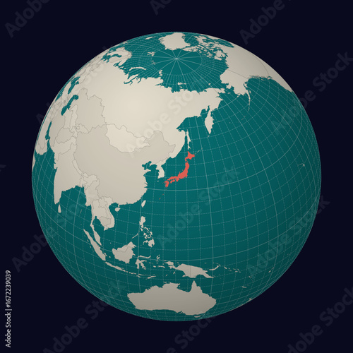 Japan on the map. Globe centered to Japan. Country location on the world map. Teal Pale Mint color palette. Globe with countries, meridians and parallels. Artistic vector illustration.