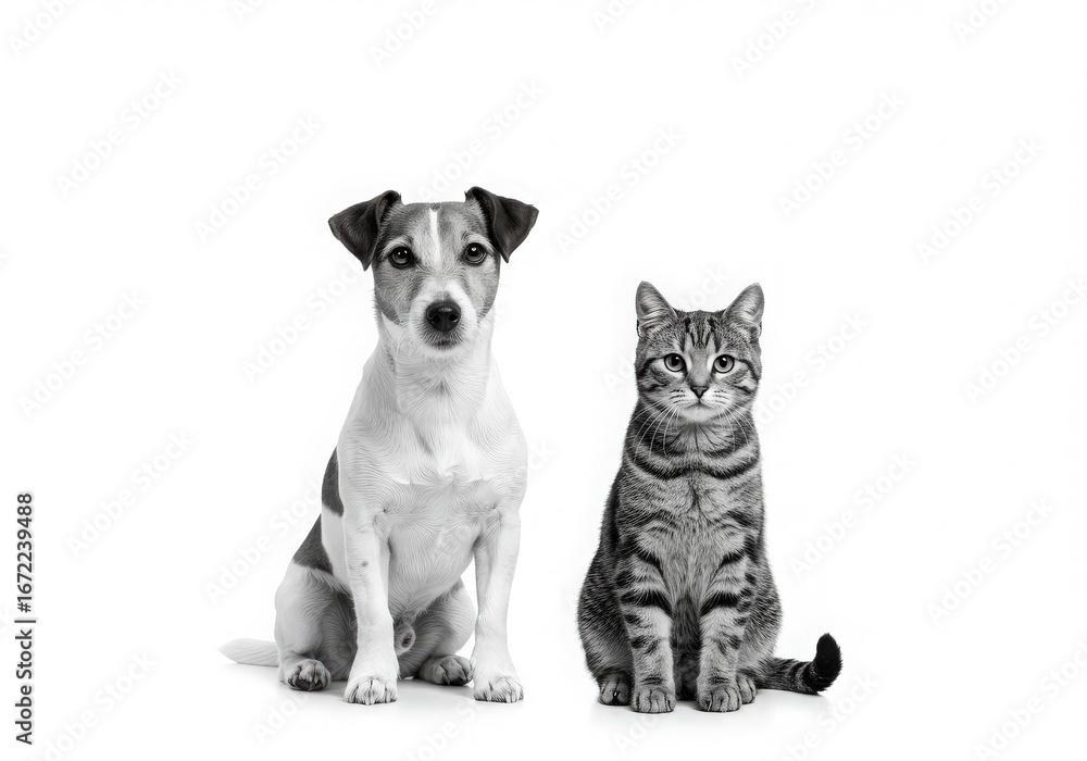 Obraz premium Cute jack russell terrier dog and tabby cat sitting together on white background