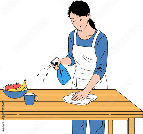 Illustration of a housewife cleaning a table surface	